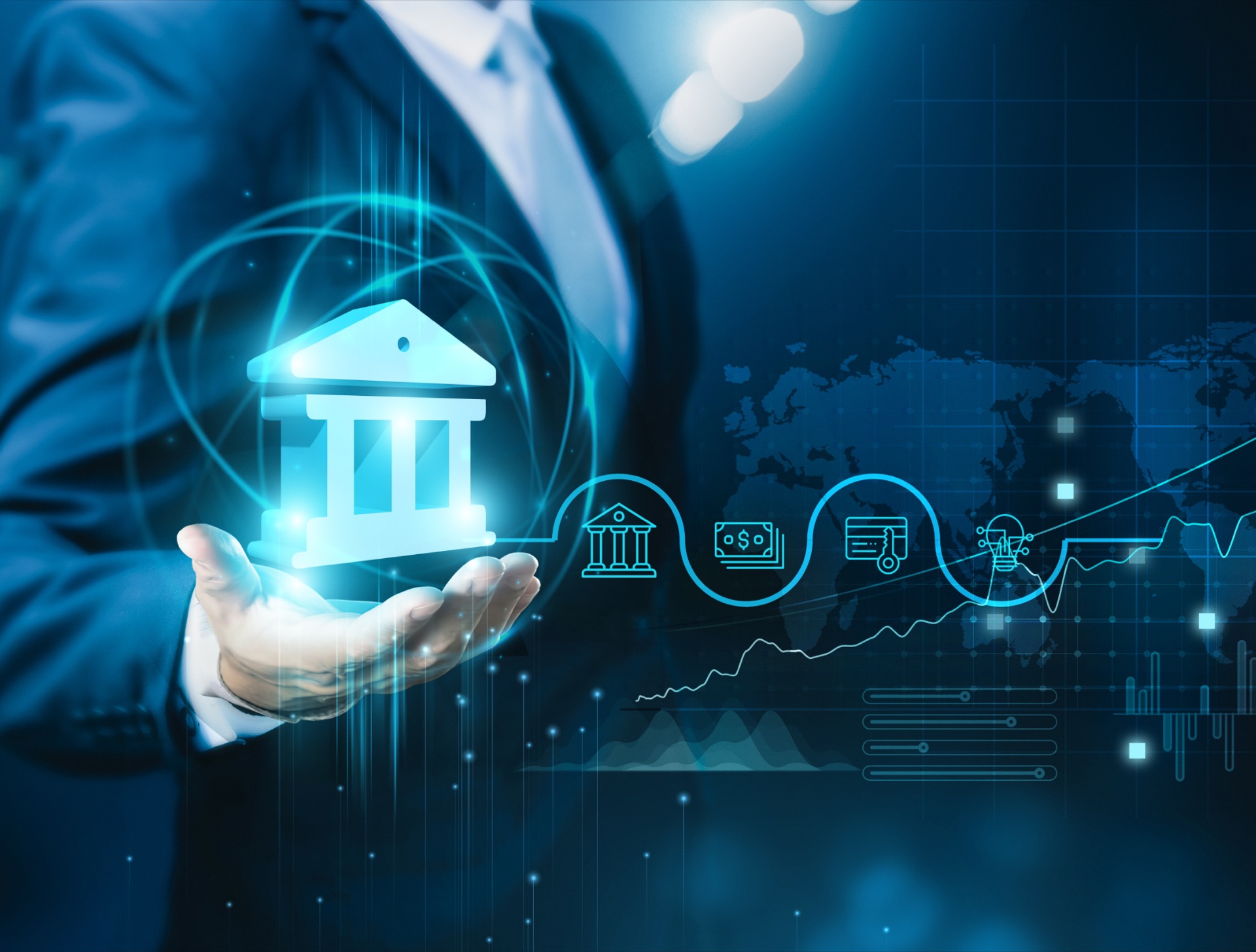 Financial services and global economy concept with bank icon and charts