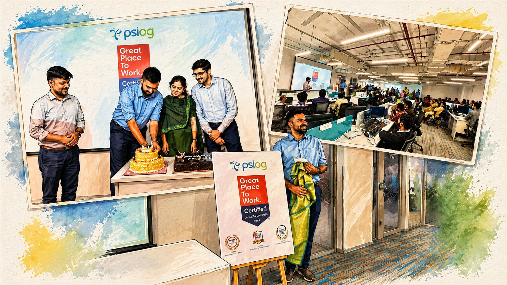 Four people cutting a cake with Great Place to Work banner and an office interior.