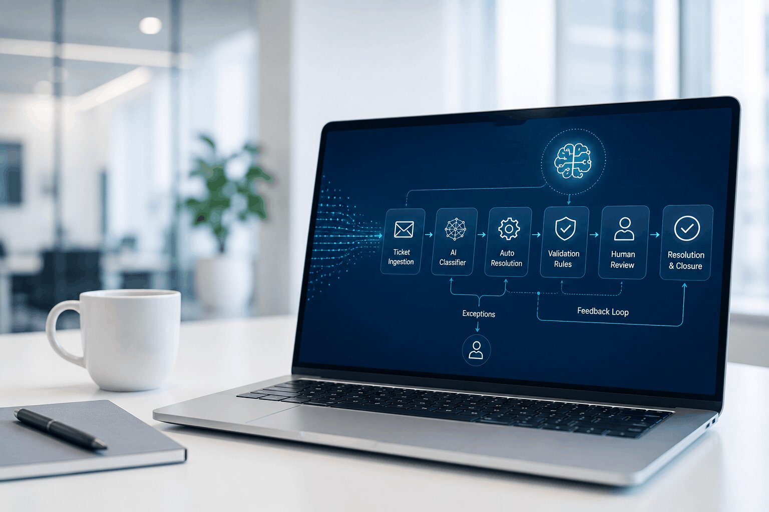 Infographic showing AI ticket resolution workflow: ingestion, AI classifier, auto-resolution, validation rules, human review, resolution & closure, with exceptions and feedback loop.