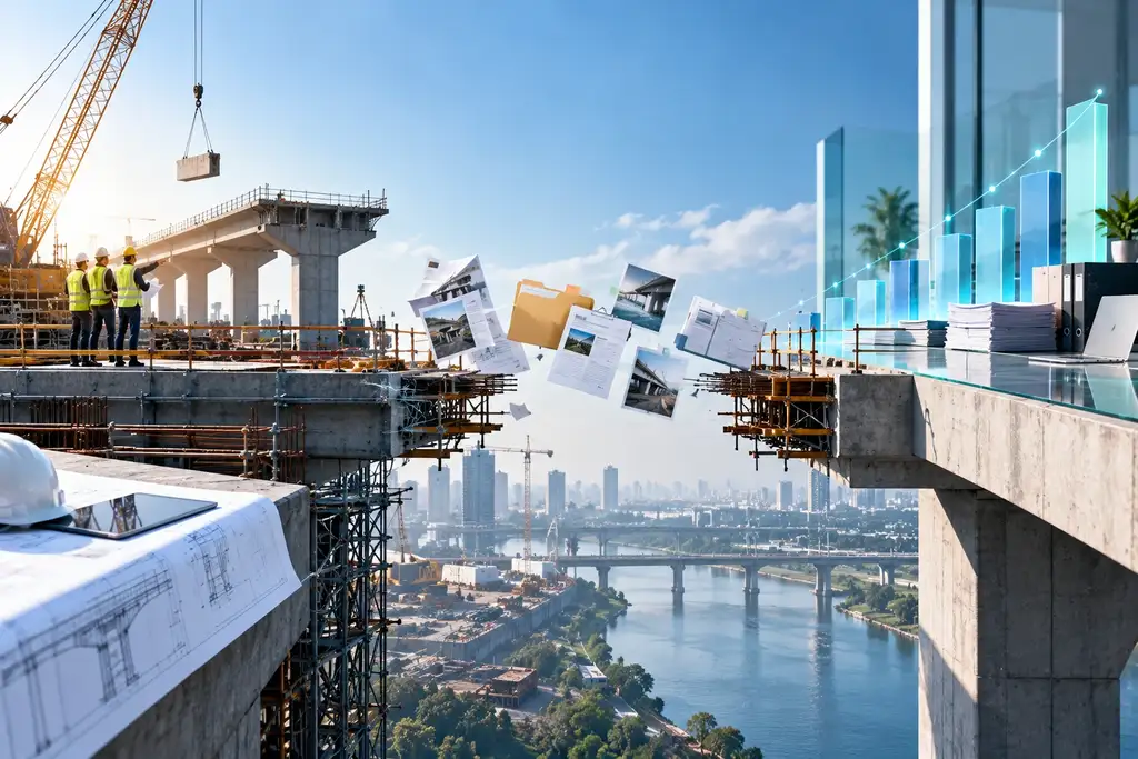 Construction site with blueprints, workers, and floating documents, overlaid with a financial graph.